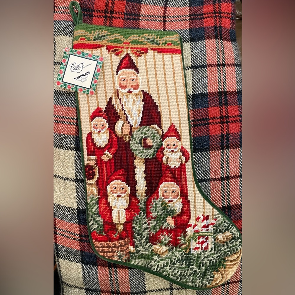 Vintage 1990s Santa Handmade Needlepoint Stocking New w Tags
